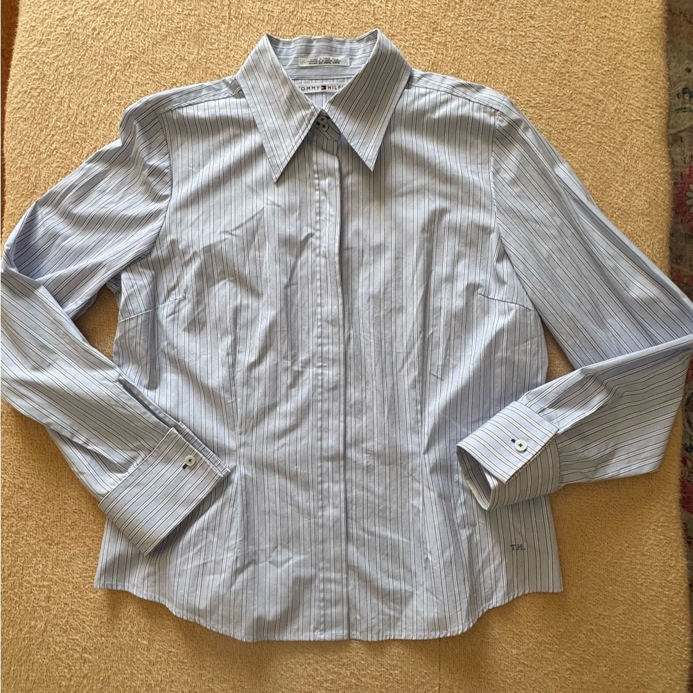Tommy Hilfiger Women's Light Blue Striped Button Down Shirt